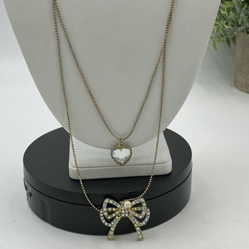 Betsey Johnson Gold Tone Double Strand AB Rhinestone Bow Heart Necklace New